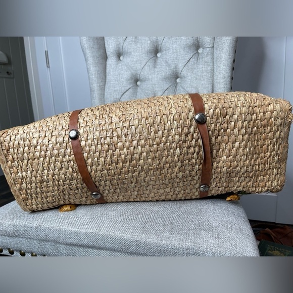 Vintage Straw Travel Bag Woven Tote Rattan Rustic Floral Turnlock Carry All - Picture 5 of 8